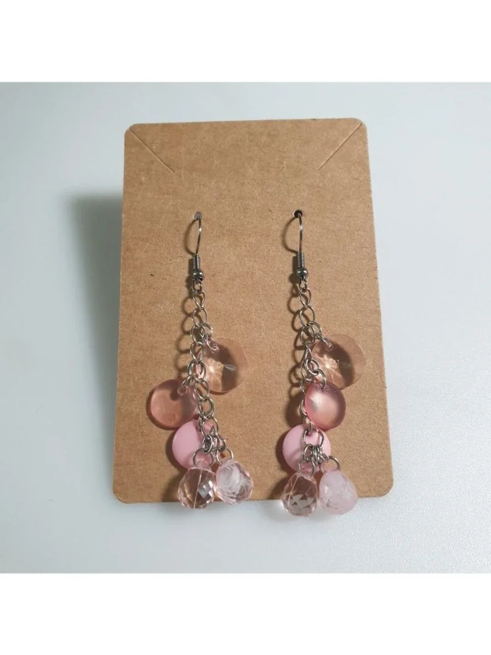 Pink Dangle Earrings Silver Chain Circle Beads Lightweight Handmade Jewelry Hook